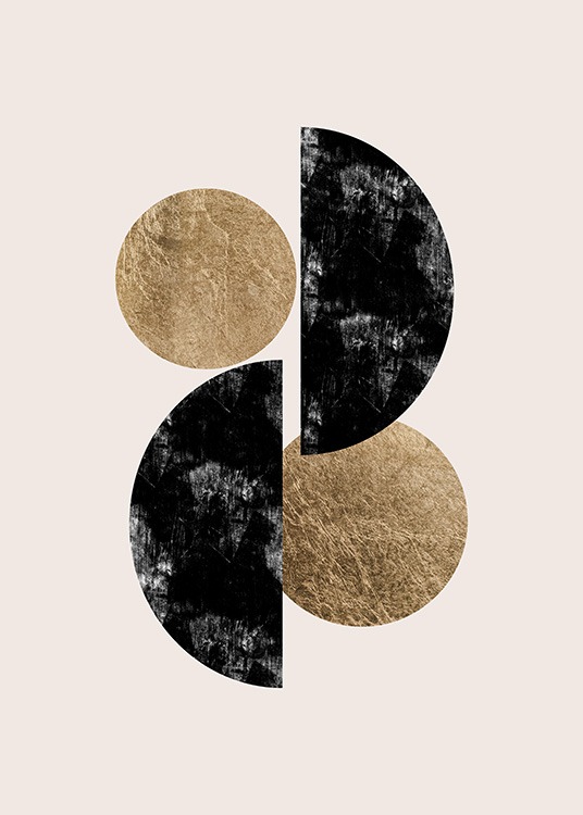 - Kunstdruck mit geometrischen Formen  - zwei goldene Kreise und zwei schwarze Halbkreise mit weißen Details auf einem beigen Hintergrund