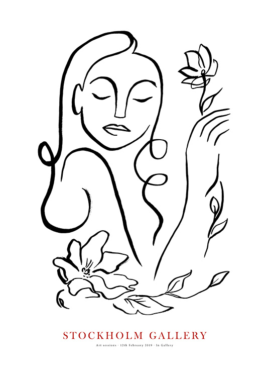  - Handgezeichnete Illustration einer Frau, die Blumen in der Hand hält, in Schwarz und Weiß, darunter der Text Stockholm Gallery