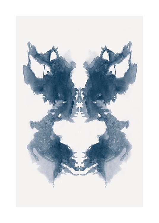  - Aquarell mit einem Rorschach-Motiv in Blau vor einem hellbeigen Hintergrund
