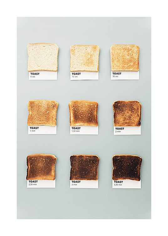  - Geröstete Toastscheiben mit Notizen darunter vor grauem Hintergrund