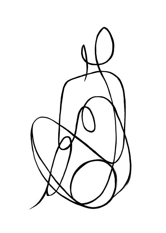 - Zeichnung einer sitzenden Frau in Line-Art in Schwarz-weiß