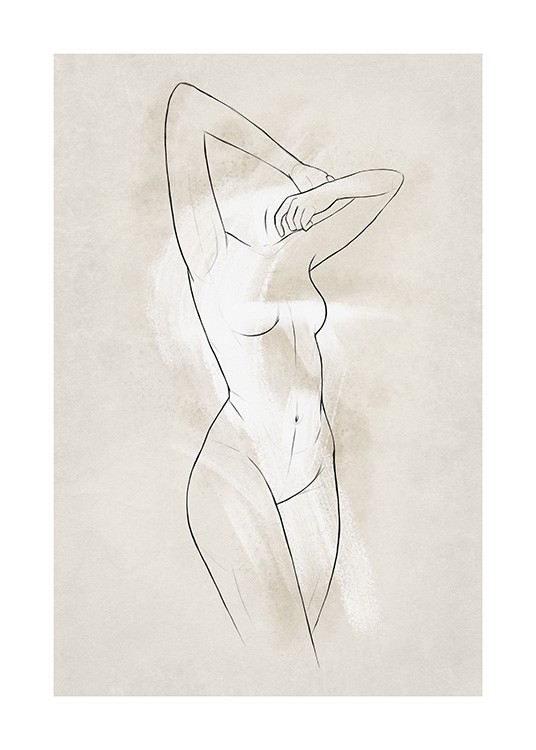 - Zeichnung einer nackten Frau in Line-Art mit beigem und weißem Hintergrund