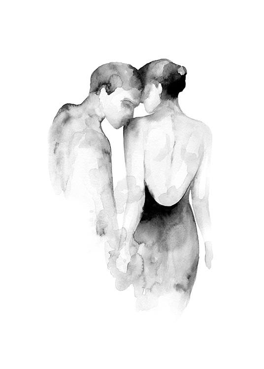  – Aquarell-Illustration in Schwarz-weiß mit einer Frau, die von einem Mann auf die Schulter geküsst wird