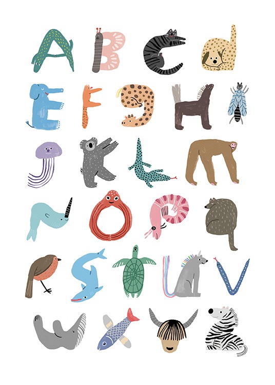 - Pädagogisches Tierposter, das das Alphabet mit Spaß nahebringt