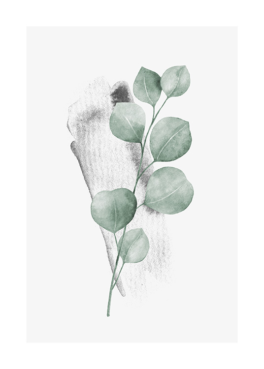  – Aquarell eines kleinen Eukalyptuszweiges mit grünen Blättern und hellgrauem Hintergrund