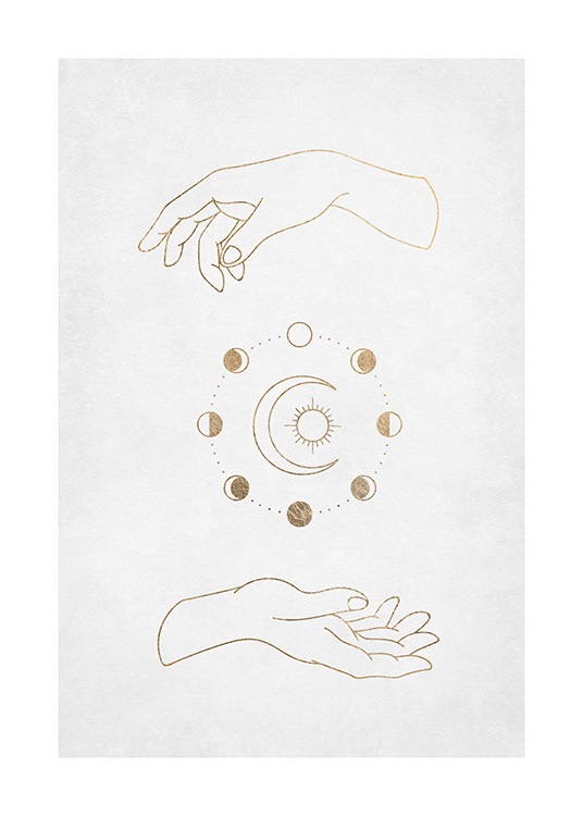  – Grafik eines Händepaares mit goldenen Kreisen und einem Mond und einer Sonne dazwischen