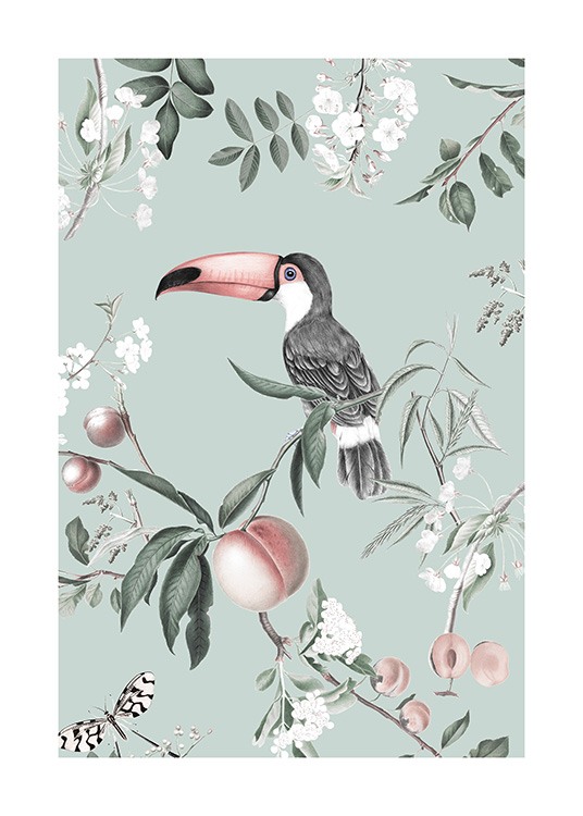  – Retro-Illustration eines Tukans auf einem Zweig, umgeben von Pfirsichen, auf mintgrünem Hintergrund