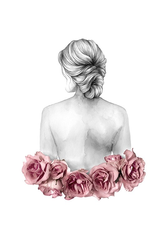  – Illustration einer Frau mit Rosen um die Taille und Haar in einem Knoten