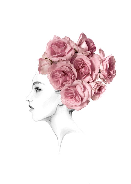 – Skizze einer Frau in Schwarz-Weiß mit rosa Rosen im Haar als Haarknoten
