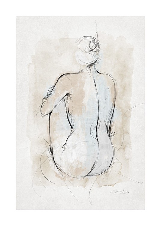  – Aquarell mit der Skizze eines Körpers vor einem beigen und grauen Hintergrund