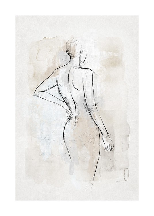  – Aquarell in Grau und Beige mit der Skizze eines nackten Körpers in Schwarz