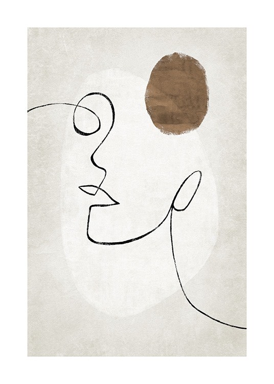  – Illustration mit abstrakten Formen und einem Gesicht in Line-Art auf beigem Hintergrund