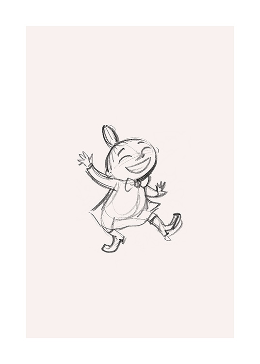  – Skizze in Graphit der Kleinen Mü aus dem Mumintal, die tanzt und dabei lächelt