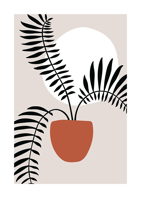  – Grafik eines orangefarbenen Topfes mit drei schwarzen Pflanzen darin und einem weißen Kreis im Hintergrund