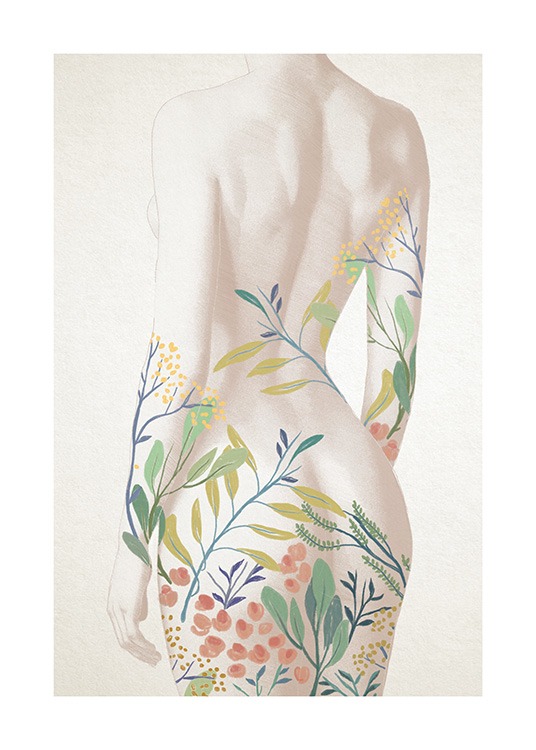  – Illustration einer nackten Frau mit gemalten Blumen und Blättern in Farbe auf dem Rücken