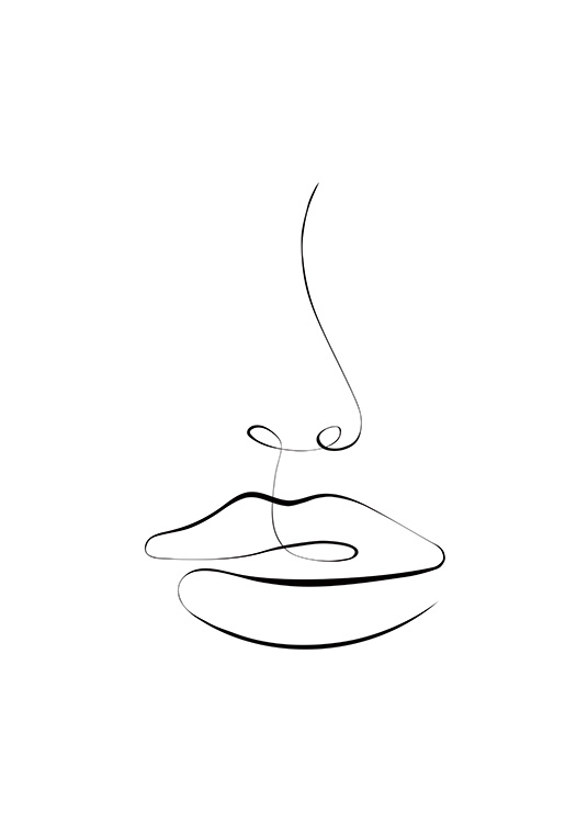  - Line-Art-Illustration mit der abstrakten Zeichnung eines Lippenpaars und einer Nase