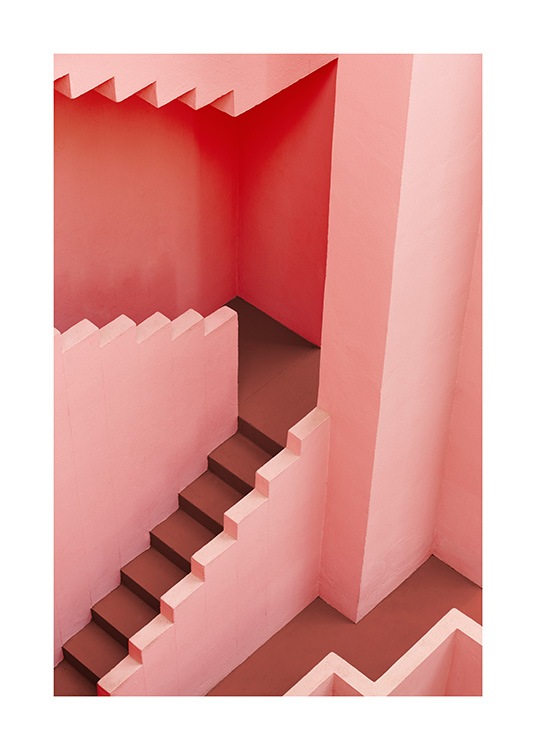  - Fotografie einer rosa Treppe mit geometrischen Formen
