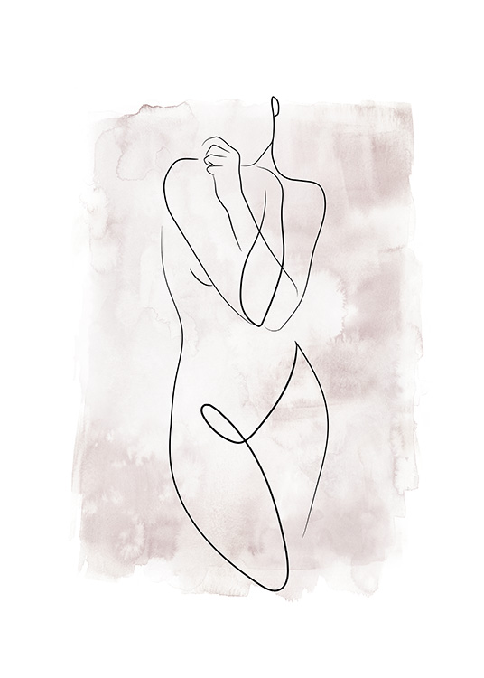  - Zeichnung eines nackten weiblichen Körpers in Line-Art vor einem rosa Aquarellhintergrund
