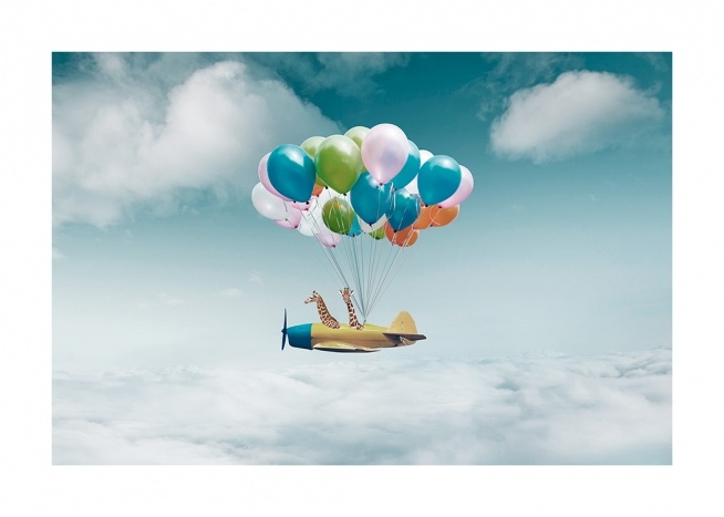  - Fotografie von einem Bündel Luftballons, die ein gelbes Flugzeug halten, in dem Giraffen sitzen