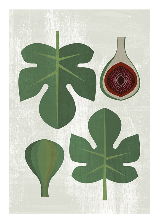  - Küchenposter mit der Illustration von grünen Blättern und Feigen