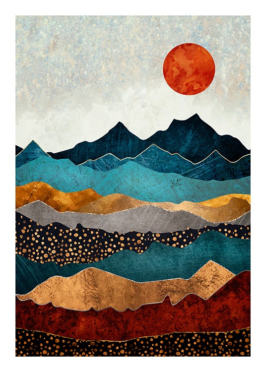  - Grafische Illustration mit einer farbenfrohen Berglandschaft und einer roten Sonne im Hintergrund