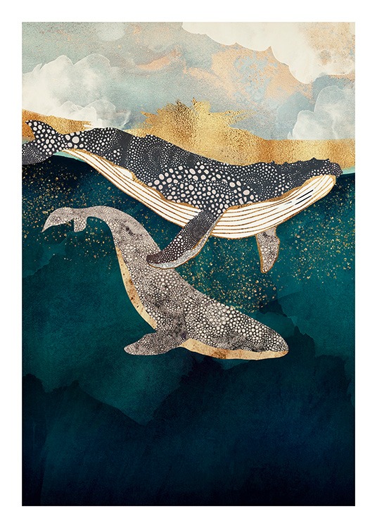  - Grafische Illustration von zwei im Meer schwimmenden Walen in Blau
