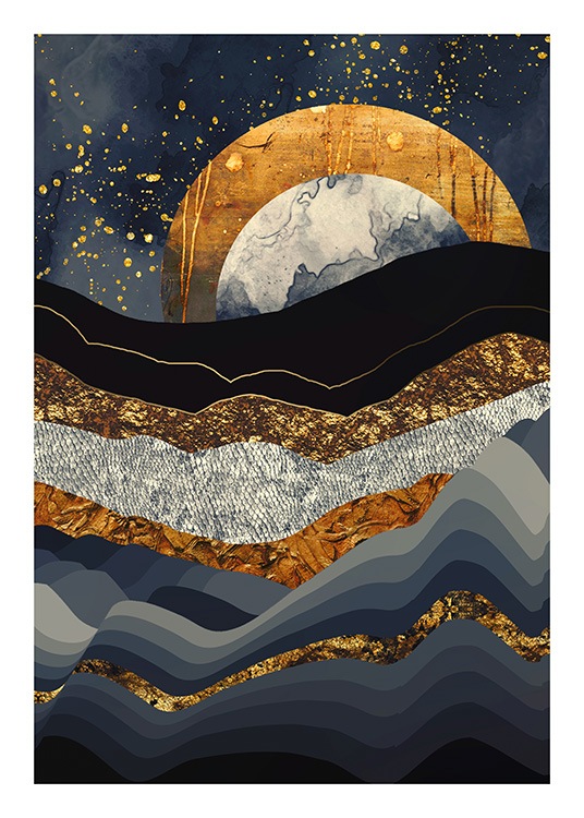  - Grafische Illustration mit einer blauen Berglandschaft und einem goldenen Mond im Hintergrund