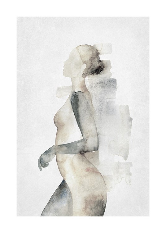  – Aquarell einer nackten Frau in Beige und Grau im Profil