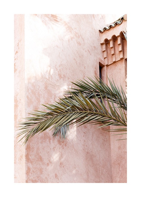  – Fotografie eines rosa Gebäudes mit Kreidelook hinter grünen Palmblättern