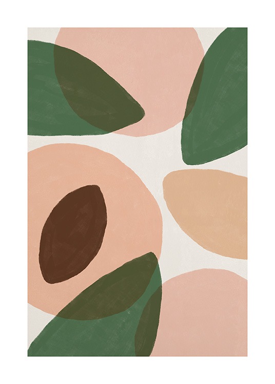  – Illustration von grünen Blättern und Pfirsichen auf hellgrauem Hintergrund