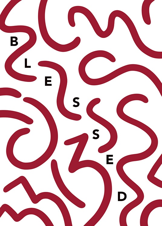  – Grafische Illustration mit dem Wort „Blessed“ und roten Linien auf einem weißen Hintergrund