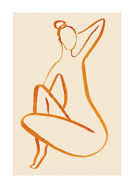  – Line-Art-Illustration einer nackten Frau, gezeichnet in Orange vor einem hellbeigen Hintergrund