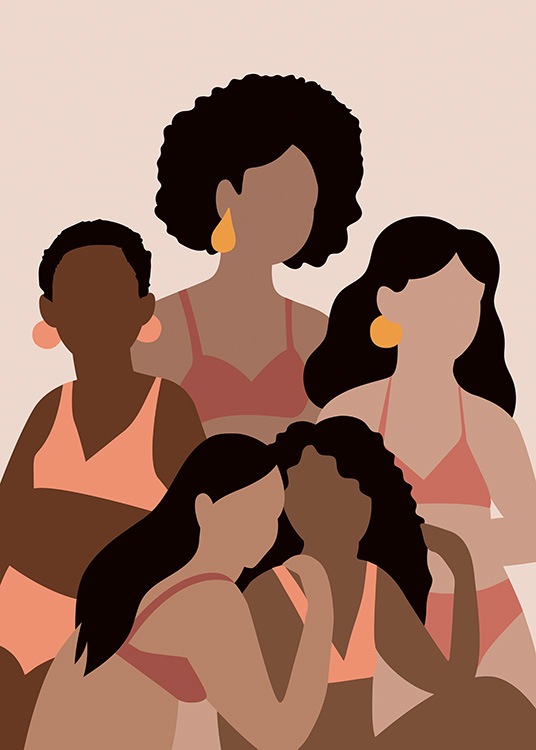  – Grafische Illustration, die eine Gruppe von Frauen und Mädchen in rosa und beigen Bikinis zeigt