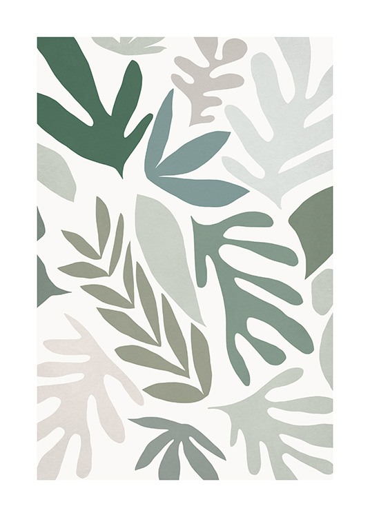  – Grafische Illustration mit grauen, beigen und grünen Blättern vor einem hellbeigen Hintergrund