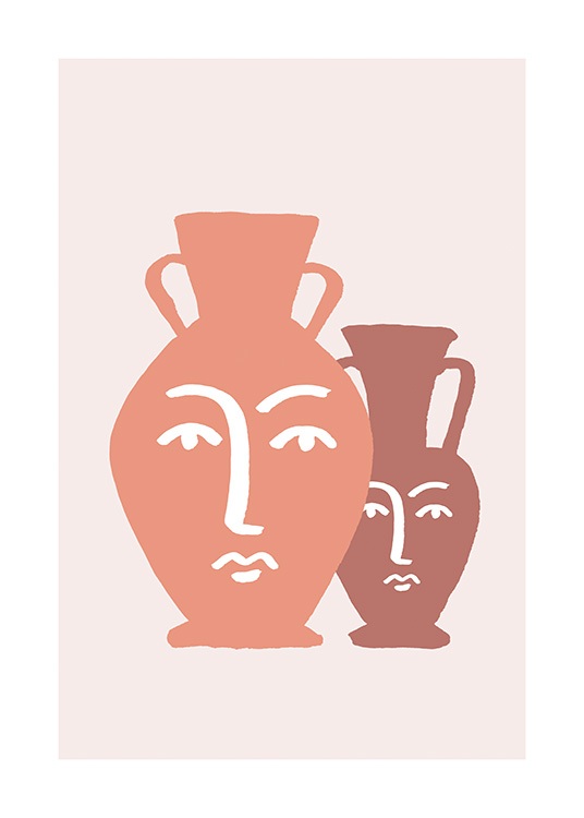 – Grafische Illustration mit abstrakten Gesichtern in Weiß auf Vasen in Rosa und Braun