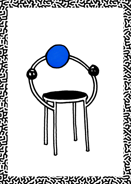  – Grafische Illustration, die einen abstrakten Stuhl mit runder Rückenlehne zeigt, eingefasst von gemusterten Kanten