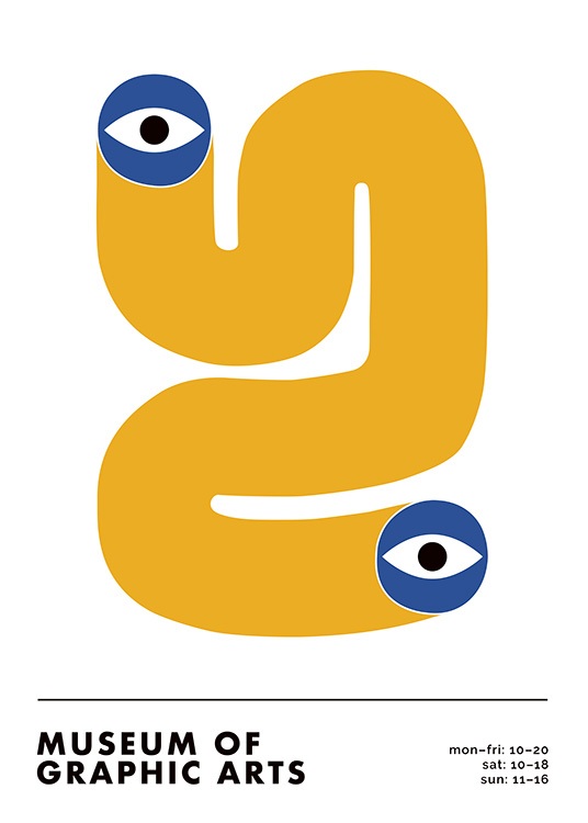  – Abstrakte grafische Illustration eines Wirbels in Gelb mit blauen Augen an den Enden
