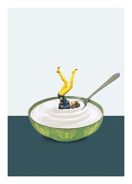  – Fotografie einer Frau mit gelber Strumpfhose in einer Joghurtschüssel
