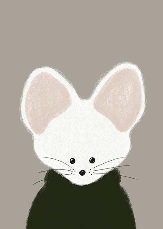  – Grafische Illustration einer weißen Maus mit rosa Ohren in einem schwarzen Pullover