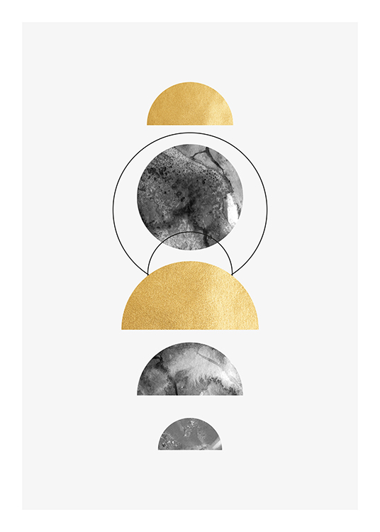  – Kreise und Halbkreise in Gold und Grau vor hellgrauem Hintergrund