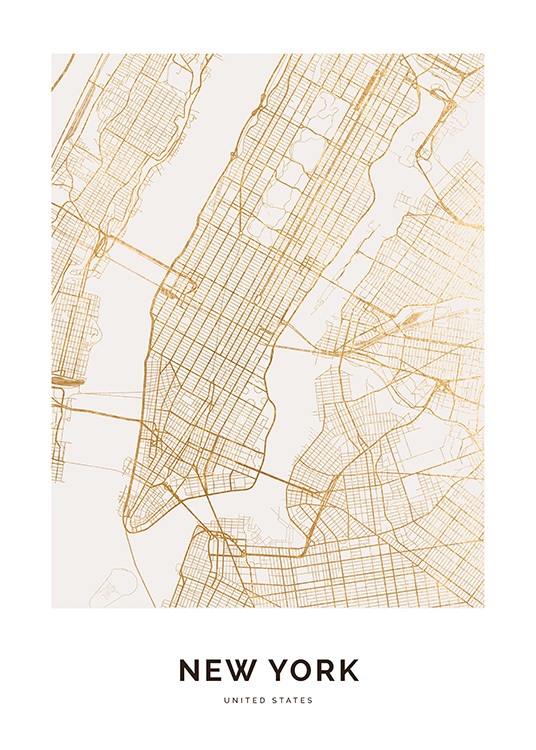  – Goldener Stadtplan von New York vor weißem Hintergrund mit Schriftzug unter der Darstellung