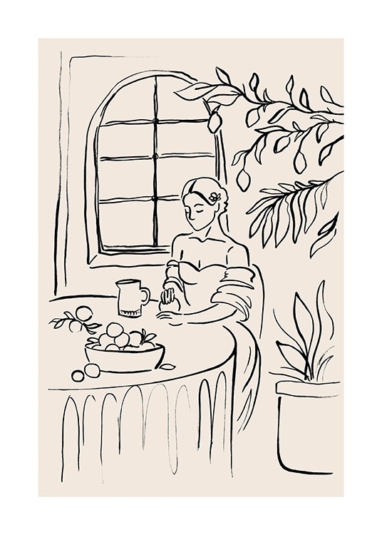  – Illustration einer Frau, die am Tisch unter einem Zitronenbaum sitzt; im Hintergrund ist ein Fenster zu sehen