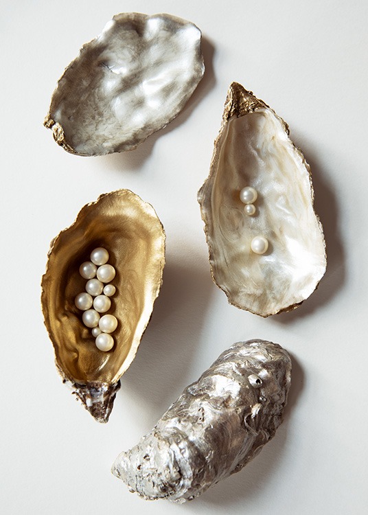  – Fotografie von goldenen und silbernen Austernschalen mit Perlen in den offenen Schalen