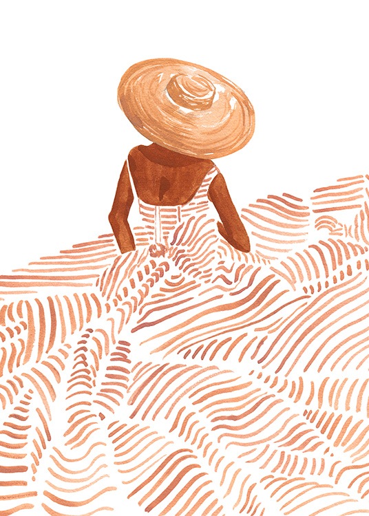  – Die Illustration in Aquarelltechnik zeigt eine Frau im langem Kleid mit orangefarbenen Streifen, die einen Sonnenhut trägt