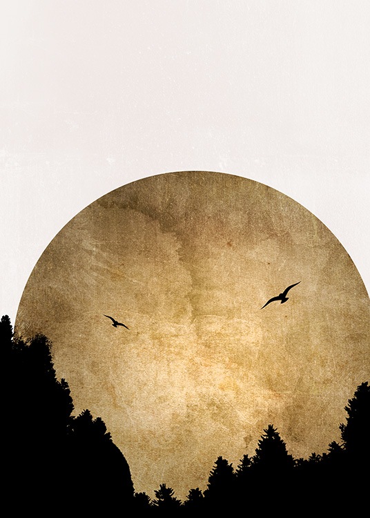  – Grafik mit goldener Sonne, vor der sich zwei Vögel und schwarze Bäume abheben