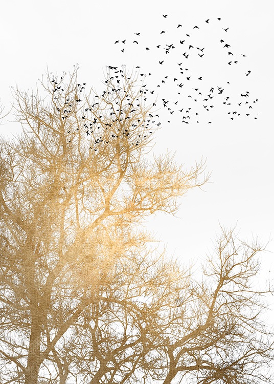  – Grafik mit schwarzen Vögeln und goldenem Baum auf weißem Hintergrund