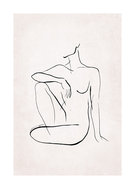  – Illustration eines nackten, sitzenden Körpers in Line-Art, gemalt mit schwarzen Linien auf einem hellrosa Hintergrund