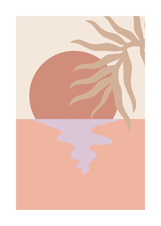  – Grafische Illustration von beigefarbenen Palmfächern vor einem Sonnenuntergang