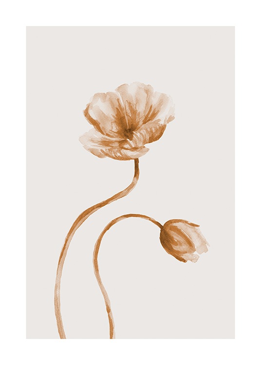  – Zwei Blumen in Braun und Beige, gemalt in Aquarell auf einem hellbeige Hintergrund