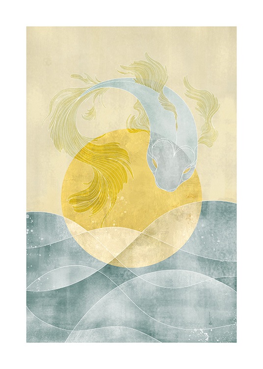  – Illustration eines Fisches in Blau und Gelb mit einem Meer und einer Sonne im Hintergrund